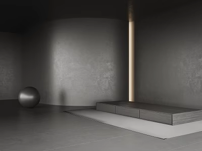 Modern Interior Space With Gray Floor Tiles Black Sphere Wooden Platform And Illuminated Column 3d model