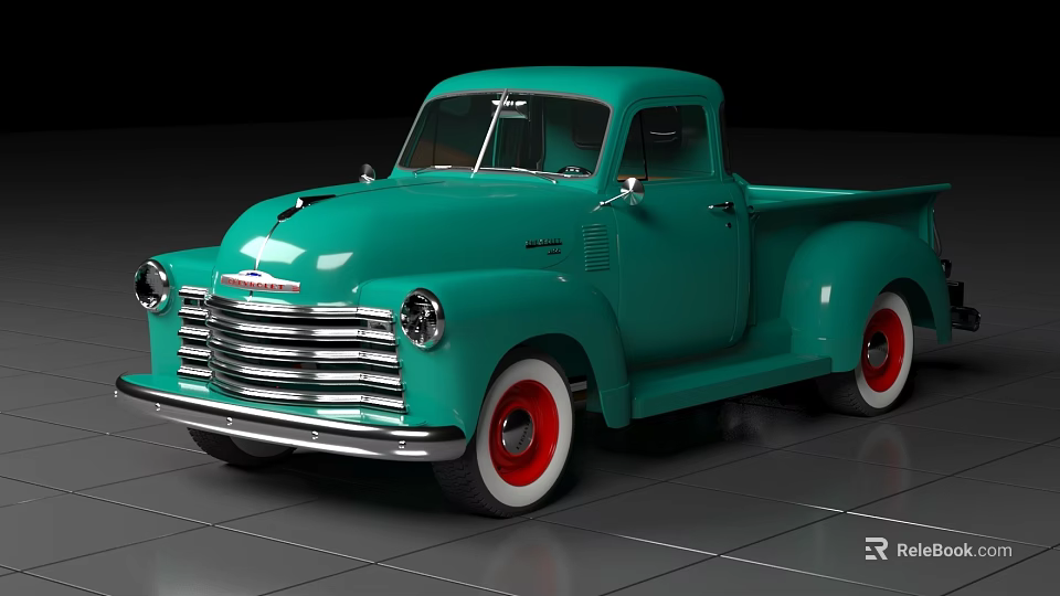 Teal Green Vintage Functional Pickup Truck With Red White Wheels 3d model 