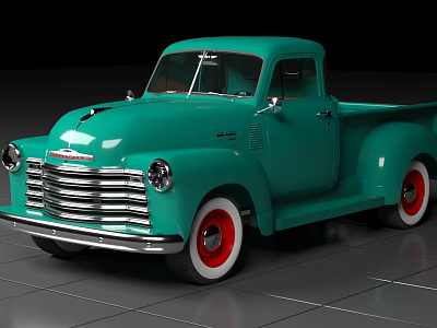 Teal Green Vintage Functional Pickup Truck With Red White Wheels 3d model