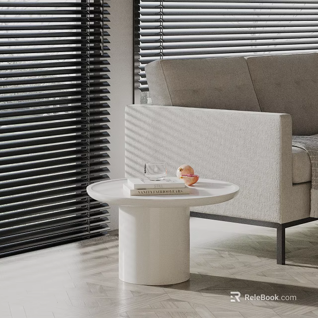 White Round Side Table With Glass And Fruit Next To Gray Sofa By Blinds 3d model 