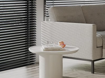 White Round Side Table With Glass And Fruit Next To Gray Sofa By Blinds 3d model