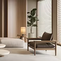 Modern Living Room Interior With Beige Sofa Wooden Elements Round Decorative Painting And Floor-to-Ceiling Curtains