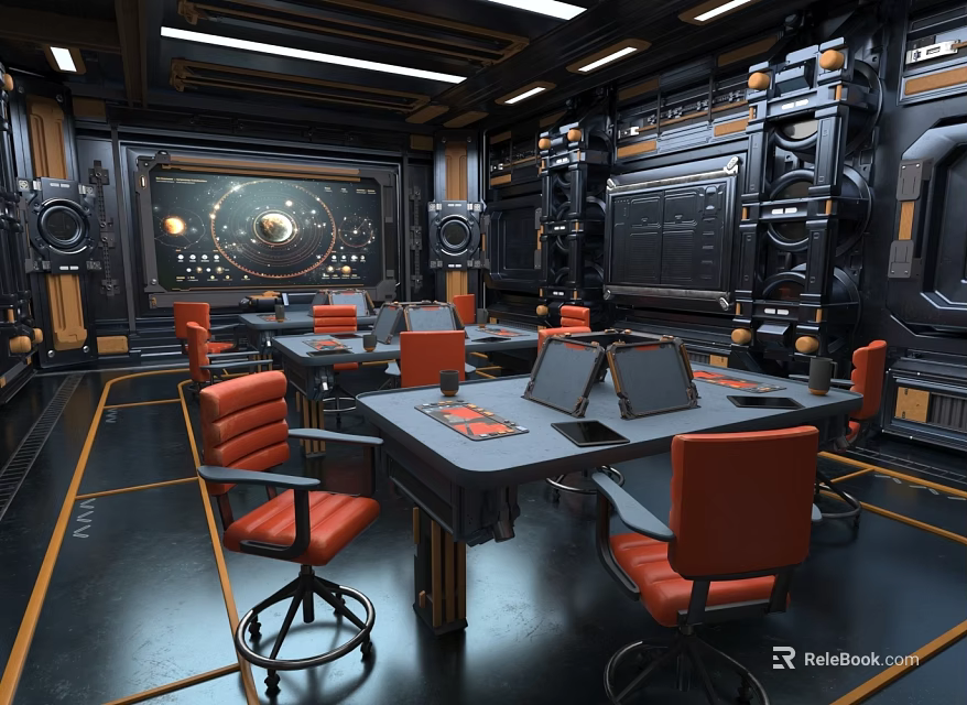 School Sci Fi Style Classroom With Orange Chairs Black Tables Large Screen And Control Panel 3d model 