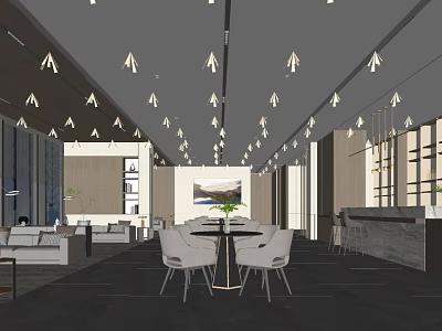 Modern Sales Office Interior Design With Pendant Lights Sofa Table And Chairs 3d model