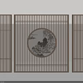 Chinese Style Wooden Screen With Round Landscape Painting And Vertical Slats Design