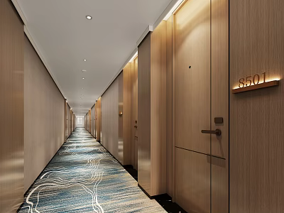 Hotel Corridor With Wooden Walls Doors Blue White Pattern Carpet Recessed Lighting And Room Sign 3d model