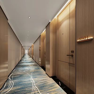 Hotel Corridor With Wooden Walls Doors Blue White Pattern Carpet Recessed Lighting And Room Sign 3d model