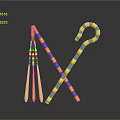 Crossed Ornate Golden Blue Weapon Staffs With Colorful Stripes On Reflective Surface