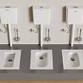 Three Wall Mounted Toilets With Water Tanks On Gray Platform 3d model