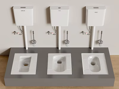 Three Wall Mounted Toilets With Water Tanks On Gray Platform 3d model