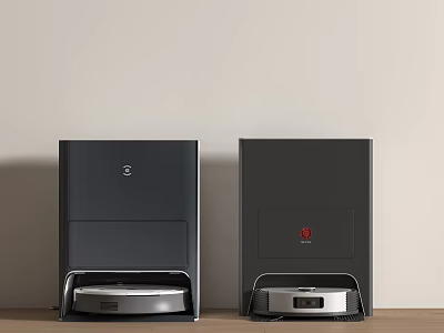 Smart Robotic Cleaning Machines Featuring Dual Gray Vacuum Charging Docks On Wooden Tabletop 3d model