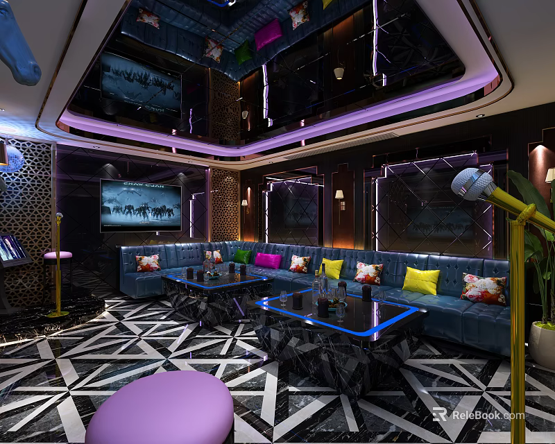 Modern KTV Interior With Colorful Sofas Microphones TV Screens Marble Coffee Tables And Lighting 3d model 