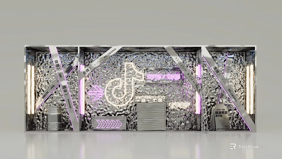 TikTok Themed Photo Spot With Silver Metallic Texture Purple Lighting And Geometric Lines 3d model 