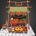 Wooden Fruit Market Stall With Green Red Striped Awning And Fresh Fruits On Cobblestone Ground