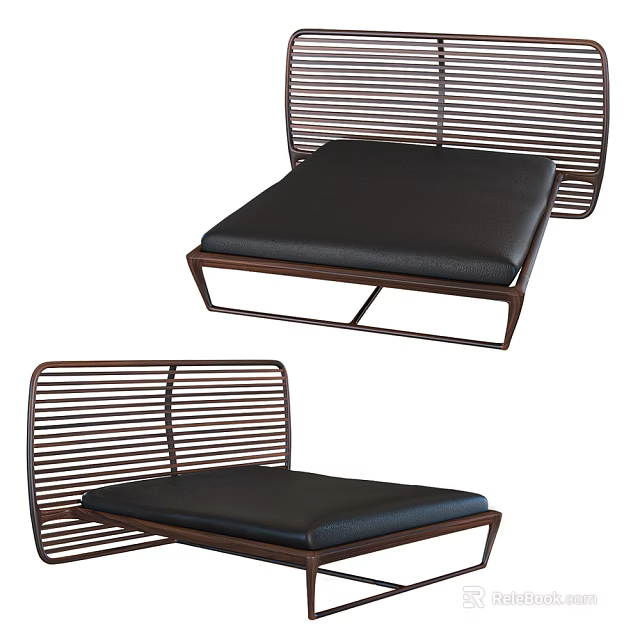Modern Single Bed With Slatted Metal Frame And Black Leather Mattress Design 3d model 