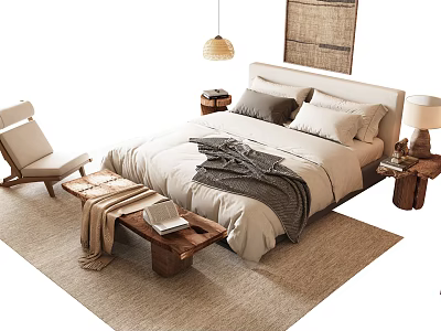 Cozy Bedroom Interior Design With Wooden Chair Small Table Rug And Pendant Lamp 3d model