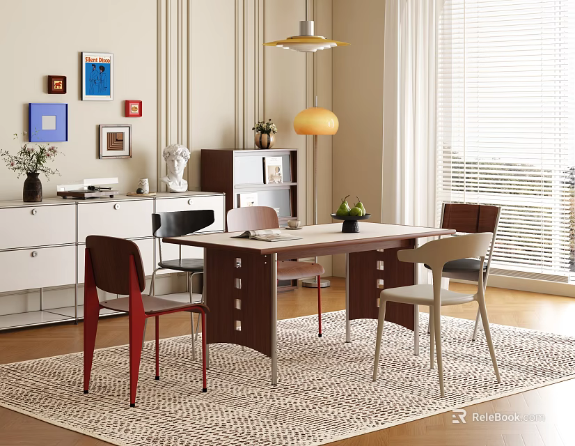 Modern Restaurant Interior With Dining Table Chairs Paintings White Cabinet Pendant Lamp Blinds And Rug 3d model 