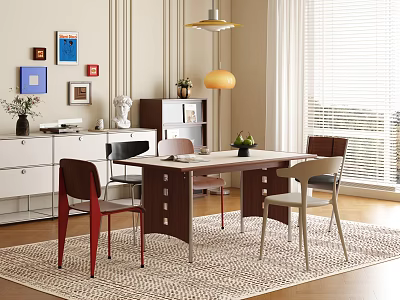 Modern Restaurant Interior With Dining Table Chairs Paintings White Cabinet Pendant Lamp Blinds And Rug 3d model