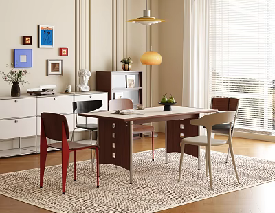 Modern Restaurant Interior With Dining Table Chairs Paintings White Cabinet Pendant Lamp Blinds And Rug 3d model
