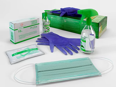 Essential Medical Devices Including Disposable Gloves Disinfectant Spray Hand Sanitizer And Masks 3d model