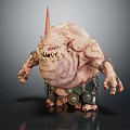 Monster Character Creature With Pink Bulky Body Single Horn Sharp Teeth Metal Accessories