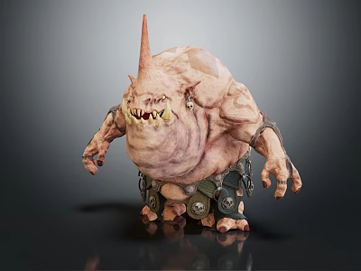 Monster Character Creature With Pink Bulky Body Single Horn Sharp Teeth Metal Accessories 3d model
