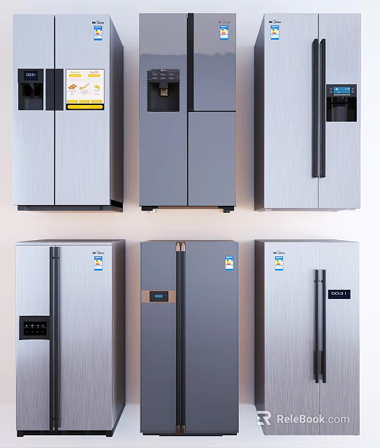 Stainless Steel Refrigerators With Various Modern Door Designs And Digital Display Features 3d model 