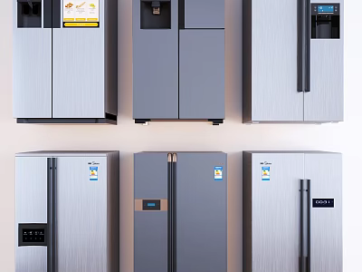 Stainless Steel Refrigerators With Various Modern Door Designs And Digital Display Features 3d model