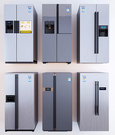 Stainless Steel Refrigerators With Various Modern Door Designs And Digital Display Features 3d model