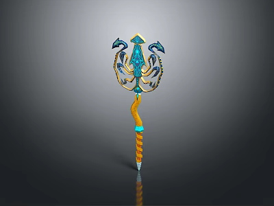 Enchanted Blue and Gold Magic Staff With Intricate Ornamental Details and Crystal Tips 3d model