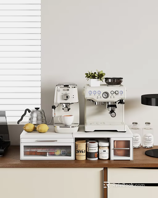 Modern Kitchen Storage Shelf With Coffee Machines Kettle Lemons Jars And Potted Plant 3d model 