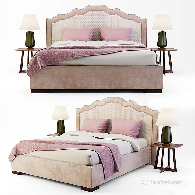 Cozy Double Bed Interior With Pink Pillows Pink Blanket And Bedside Table Lamps 3d model 