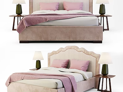 Cozy Double Bed Interior With Pink Pillows Pink Blanket And Bedside Table Lamps 3d model