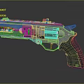 Futuristic Sci Fi Revolver with Metallic Body Mechanical Parts Green Textured Grip and Red Emblem