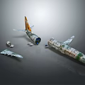 Damaged Airliner Wreckage With Broken Fuselage Wings And Green White Paint