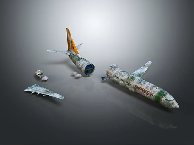 Damaged Airliner Wreckage With Broken Fuselage Wings And Green White Paint 3d model