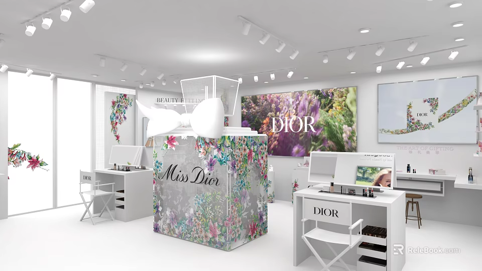 Dior Beauty Display Area With Miss Dior Floral Decor And White Workstations 3d model 