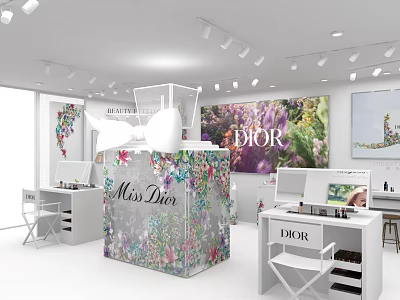 Dior Beauty Display Area With Miss Dior Floral Decor And White Workstations 3d model