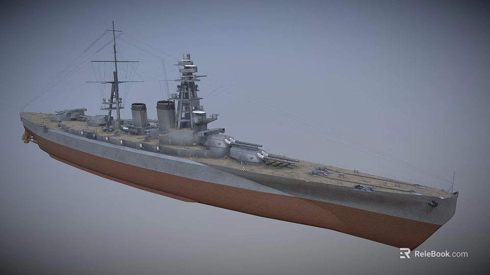 Classic Military Battleship with Turrets Smokestacks Superstructure and Brown Hull Design 3d model 