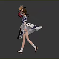 Game And Movie Character In Brown Hat Red Bag Blue White Checkered Top And White Dress With Purple Trim