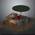 Outdoor Food Stall Structure With Green Umbrella Red Refrigerator Wooden Table And Blue Gas Cylinder