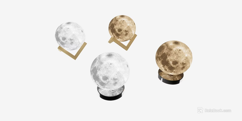 Moon Shaped Decorative Lamps with White Brown Colors and Gold Black Bases 3d model 