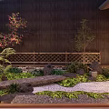 Serene Garden Landscape With Bamboo Roof Lush Green Plants Mossy Stones And Winding Path