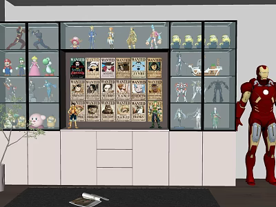 Display Cabinet Showcasing Collectibles Action Figures And Iron Man Model With Glass Doors And Shelves 3d model