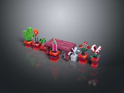 Wooden Dining Table With Red Bench And Colorful Potted Plant Decorative Setup 3d model