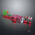 Wooden Dining Table With Red Bench And Colorful Potted Plant Decorative Setup