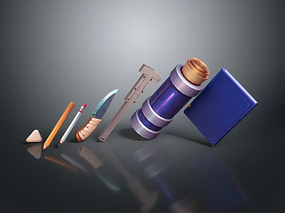 Essential Daily Living Supplies Including Pencil Sharpener Knife Caliper Thermos And Blue Notebook 3d model