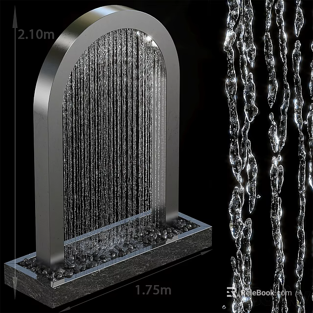 Garden Landscape Featuring Arch Water Curtain Design With Black Pebbles Base 3d model 