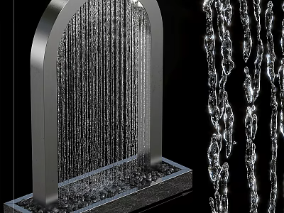 Garden Landscape Featuring Arch Water Curtain Design With Black Pebbles Base 3d model
