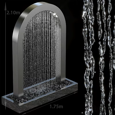 Garden Landscape Featuring Arch Water Curtain Design With Black Pebbles Base 3d model